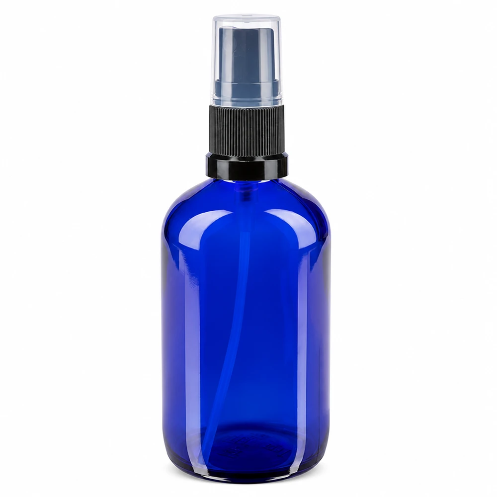 Apothekenflasche blau 100ml Sprayaufsatz schwarz Blaue 100ml Apotheker Sprayflasche aus Glas mit schwarzem Pumpzerstäuber STD