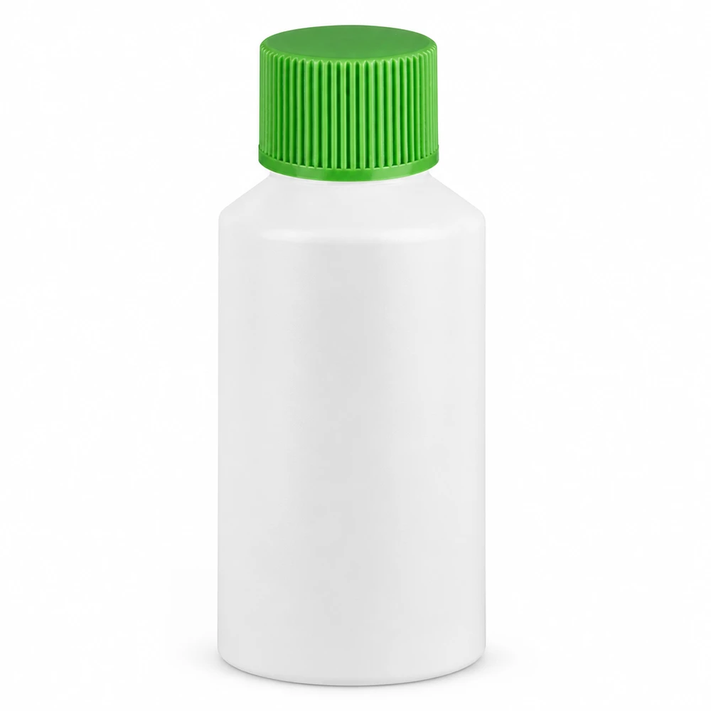 Apothekenflasche HDPE 50ml weiß, mit grünem Schraubverschluss Zylindrische 50ml HDPE Flasche weiß mit grünem SV ideal für Medikamente und Lösungen