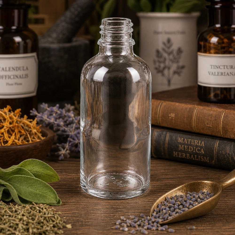 Klarglas Flasche 50ml DIN 18 Traditionelle 50ml Apothekenflasche ApoGlas im klassischen pharmazeutischen Stil