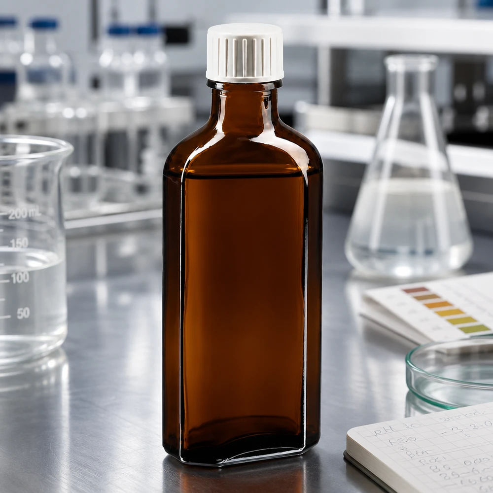 100 ml Meplat braun Schraubverschluss mit Giessring Flache Braunglas Apothekerflasche 100 ml mit Gießring neben Becherglas und Erlenmeyerkolben