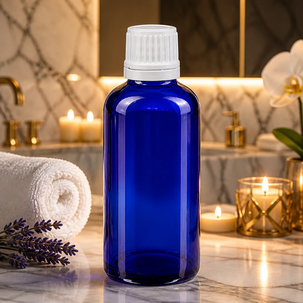 Apothekenflasche blau 50ml Schraubverschluss weiß Originalitätsverschluss Kobaltblaue Apothekerflasche 50ml mit weißem 11mm Tropfverschluss auf Marmor