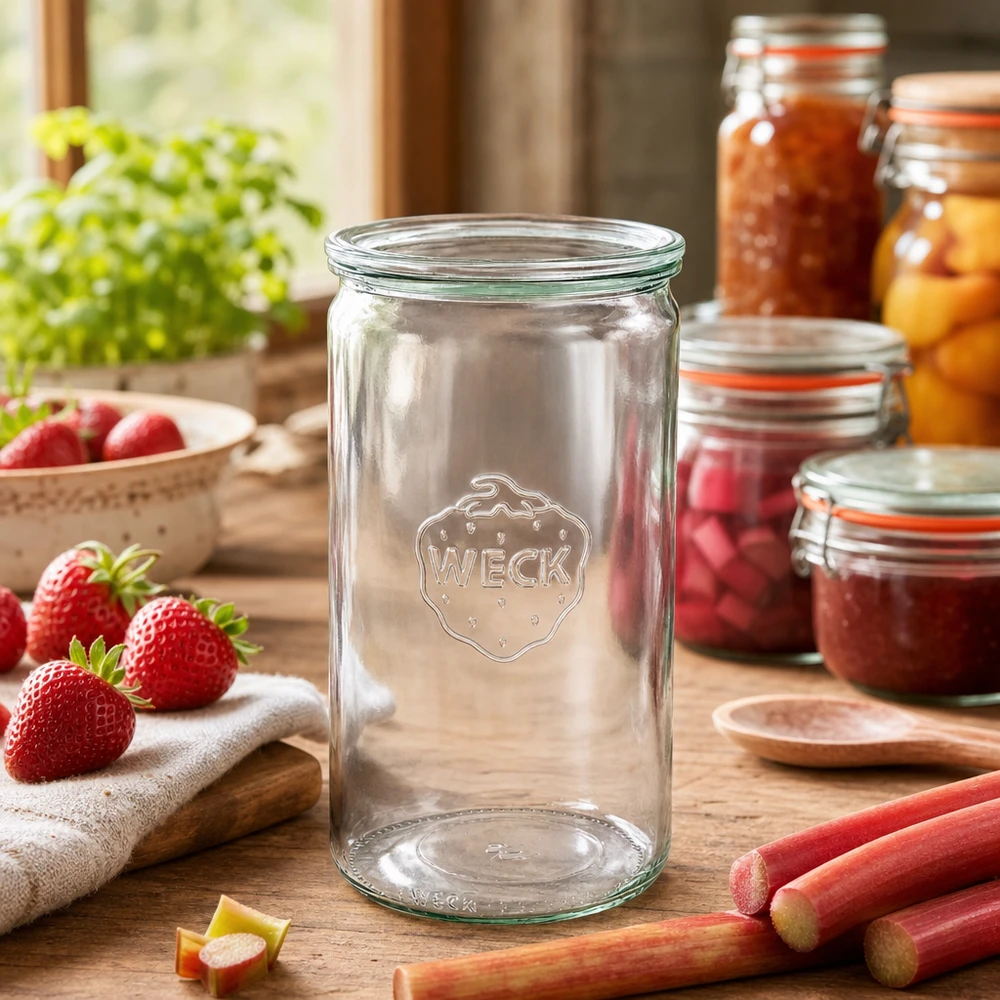 WECK Einmachglas 1590ml in rustikaler Küche mit Marmeladengläsern Erdbeeren Rhabarber Kochzubehör Glasdeckel