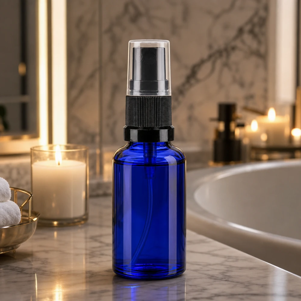 Zylindrische Sprühflasche 20ml Blauglas schwarzer Pumpkopf transparente Schutzkappe