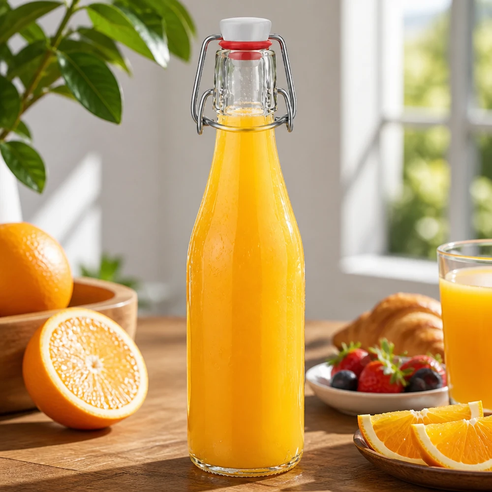 250ml Glasflasche mit Bügelverschluss gefüllt mit Orangensaft, dekorative Küchenszene mit frischen Orangen und Beeren
