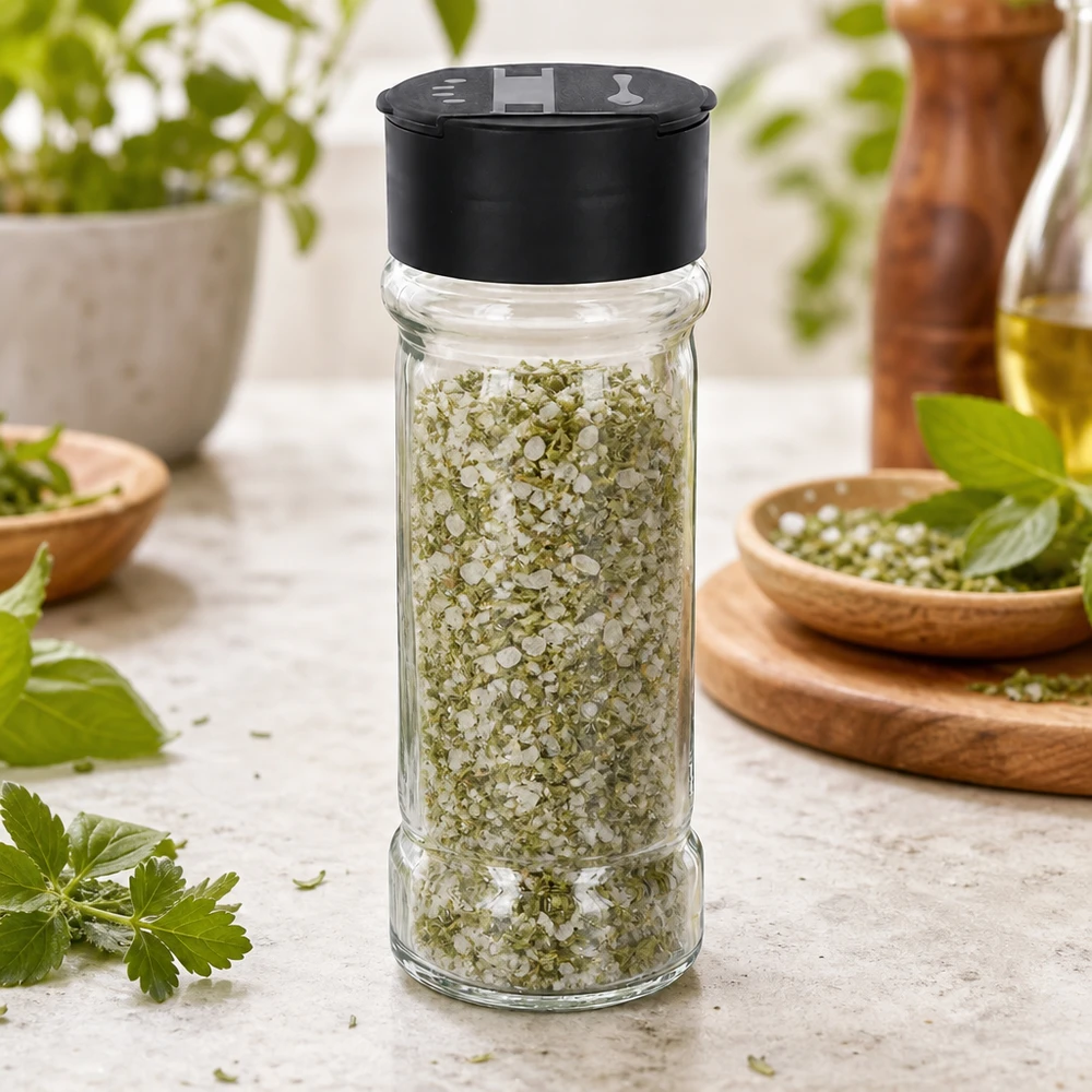 Salz-/Gewürzglas 100ml mit Doppelstreuer schwarz Transparentes Gewürzglas 100ml mit Oregano-Salz-Mischung und schwarzem Kunststoffverschluss