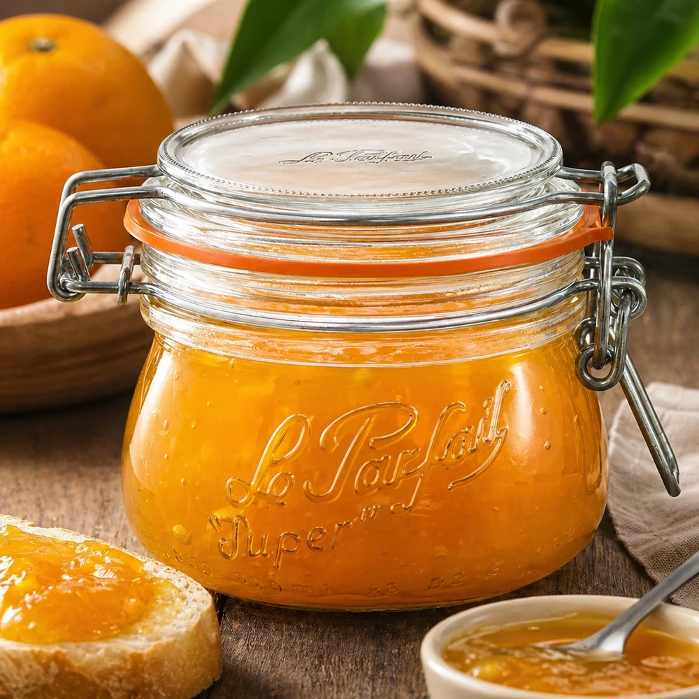250ml Le Parfait Super Vorratsglas mit Bügelverschluss gefüllt mit Orangenmarmelade auf Holztisch mit frischen Orangen