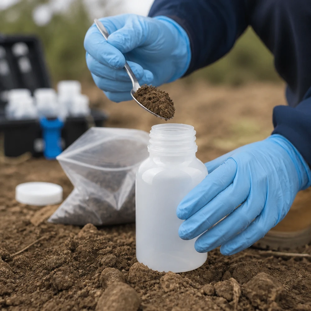 Probenentnahme im Gelände mit schraubloser 100ml Weithalsflasche und Schutzhandschuhen