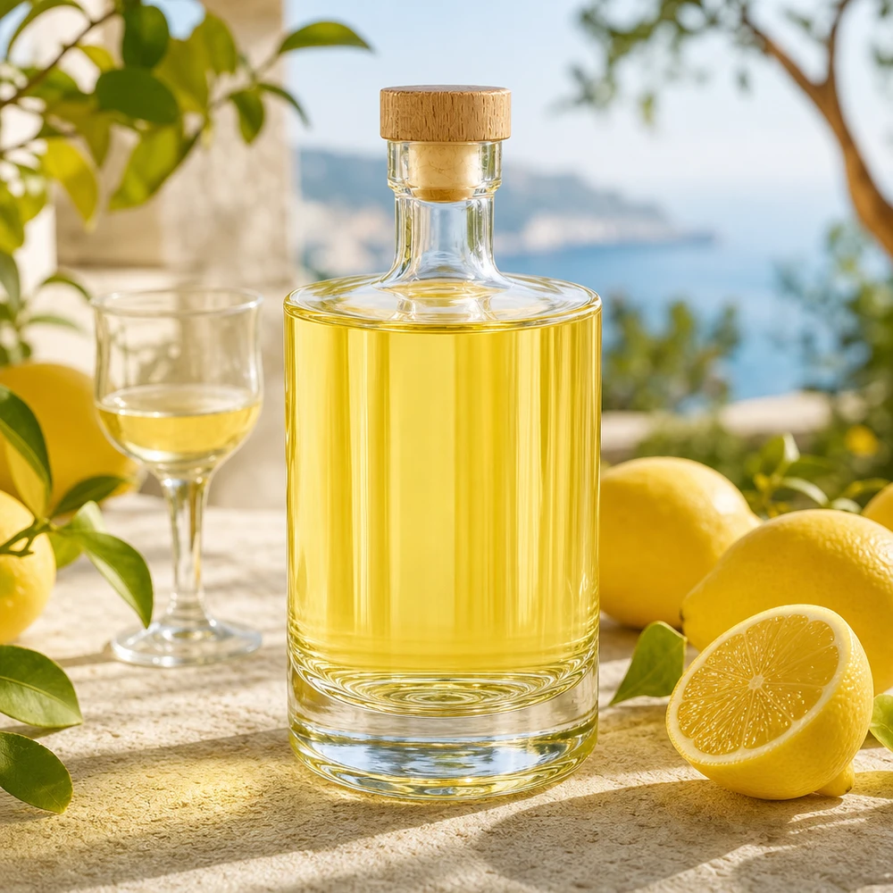 500ml Glasflasche "Marie" mit Holzgriff-Korken UNiTWIST Glasflasche Marie 500ml befüllt mit gelbem Likör neben Zitronen - ideal für selbstgemachte Spirituosen und Sirupe