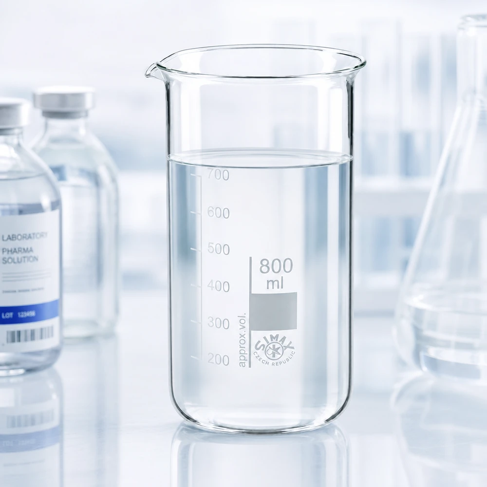 Becherglas 800ml Borosilikatglas, hohe Form Chemielabor Becherglas 800ml hohe Form mit Erlenmeyerkolben im Hintergrund auf reflektierender Oberfläche