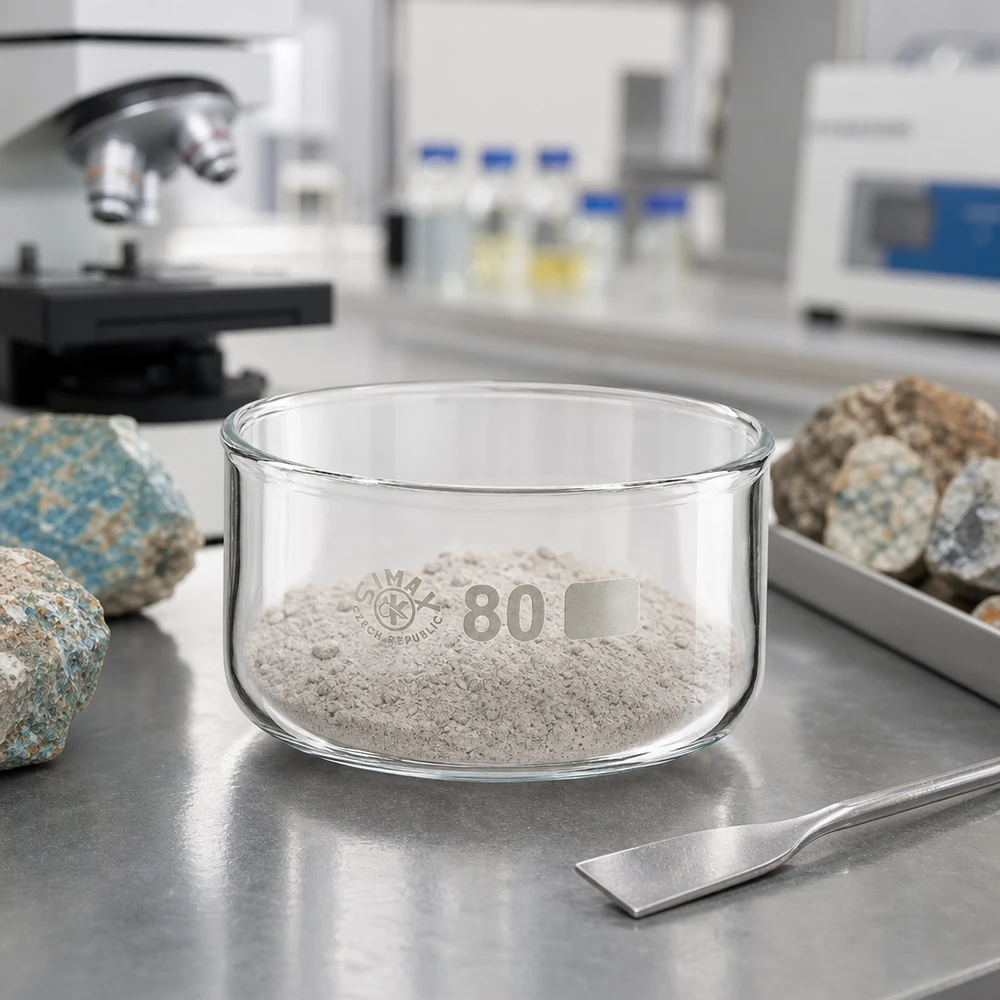 Gesteinsproben und Kristallisierschale 150ml mit Gesteinspulver im geologischen Labor SIMAX