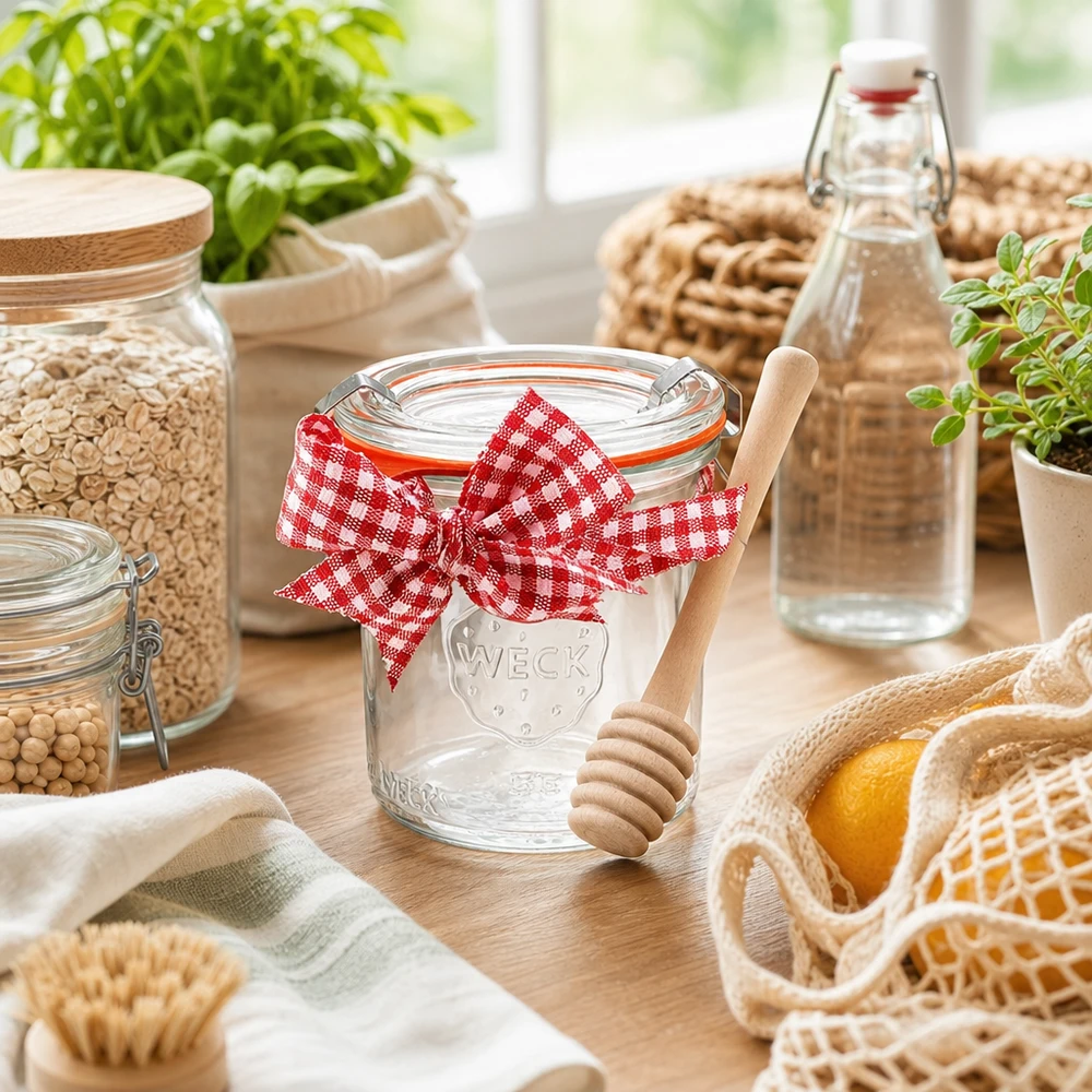 WECK Mini Sturzglas 140ml Komplettset Küchendekoration nachhaltige Aufbewahrung Honiglöffel Holz Kräuter Vorratsgläser
