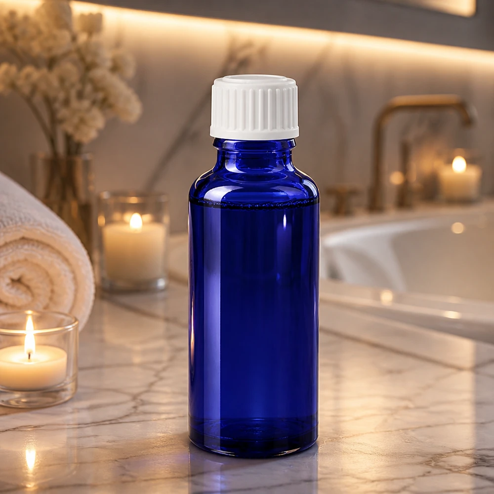 Blaue Tropfflasche 30ml aus UV-Schutzglas mit weißem Schraubverschluss für Kosmetik