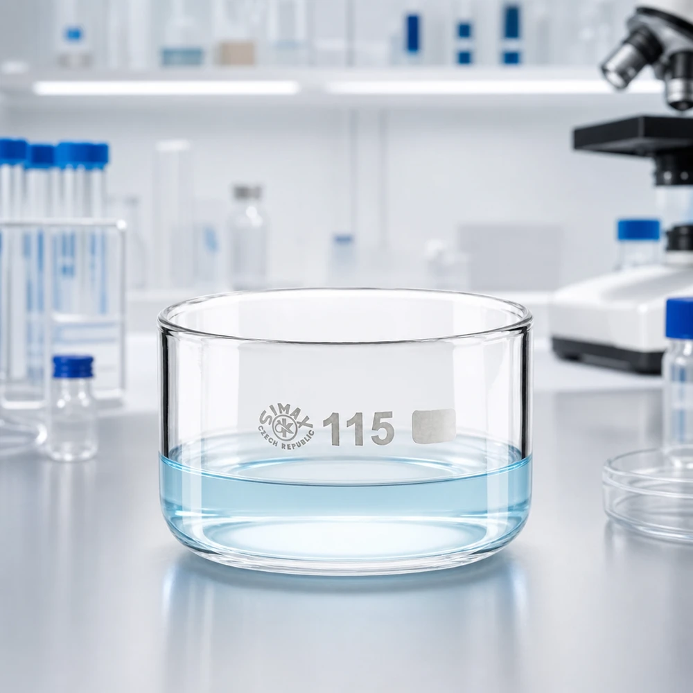 500ml Kristallisierschale ohne Ausguss Borosilikat ø115mm Transparente Borosilikatglas Schale 115mm Durchmesser mit hellblauer Flüssigkeit auf Laborbank