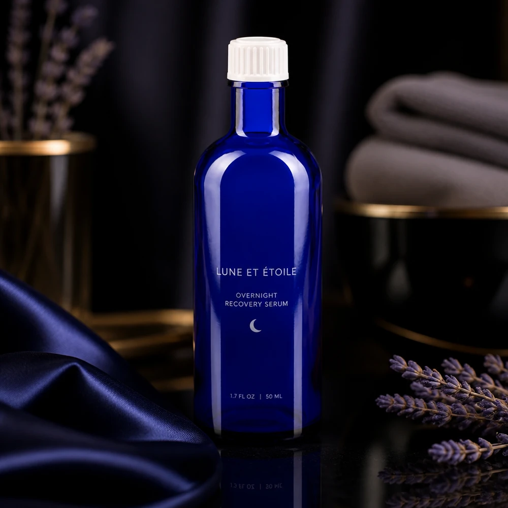 Apothekenflasche blau 200ml Schraubverschluss weiß Standard Schlanke blaue Glasflasche mit weißem Verschluss neben Lavendel auf glänzender Fläche