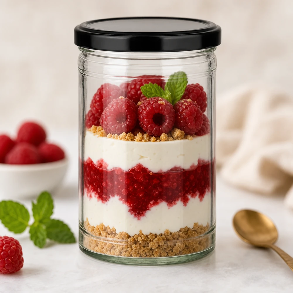1053ml Sturzglas mit BasicSeal Deckel schwarz UNiTWIST 1053ml Sturzglas mit schwarzem Deckel als stylisches Dessertglas mit Himbeer-Schichtdessert und Minze dekoriert