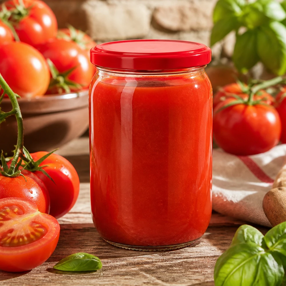 Eingeweckte Tomatenpassata im 555ml Rundglas UNiTWIST mit rotem BasicSeal Deckel auf Holzoberfläche