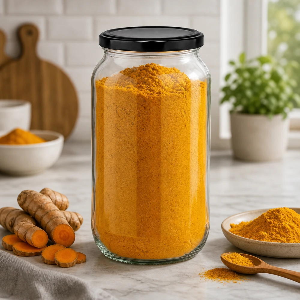 1062ml Rundglas mit BasicSeal Deckel schwarz UNiTWIST Rundglas 1062ml befüllt mit Kurkuma-Pulver zeigt praktische Küchenaufbewahrung für Gewürze und Lebensmittel