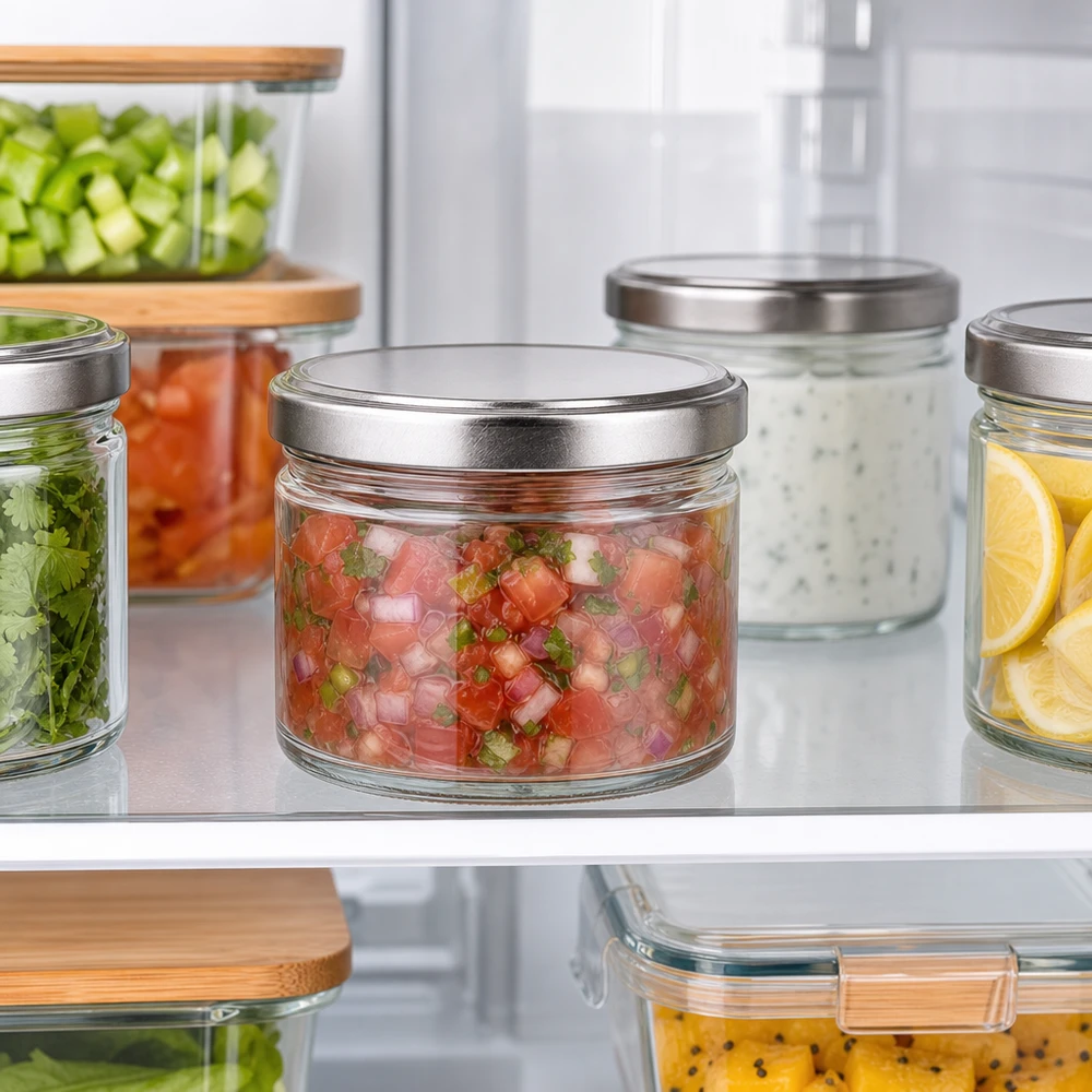 540ml Rundgläser mit silbernen Deckeln im Kühlschrank, Meal Prep Container für Salsa und vorgeschnittenes Gemüse