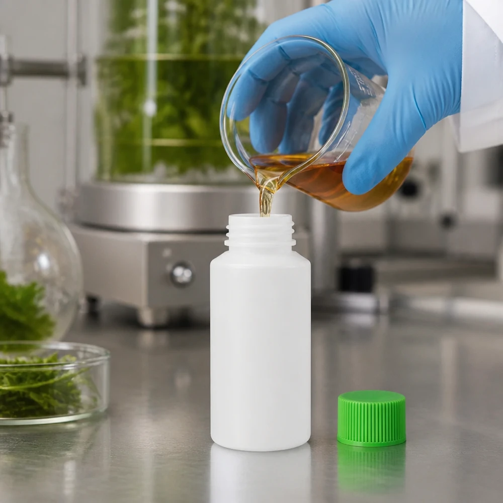 Laborant gießt pflanzlichen Wirkstoff in weiße HDPE Flasche 30ml mit grünem Deckel