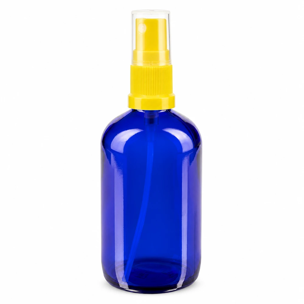 Apothekenflasche blau 100ml Sprayaufsatz gelb Blaue 100ml Sprayflasche ApoGlas mit transparenter Schutzkappe und gelbem Pumpkopf