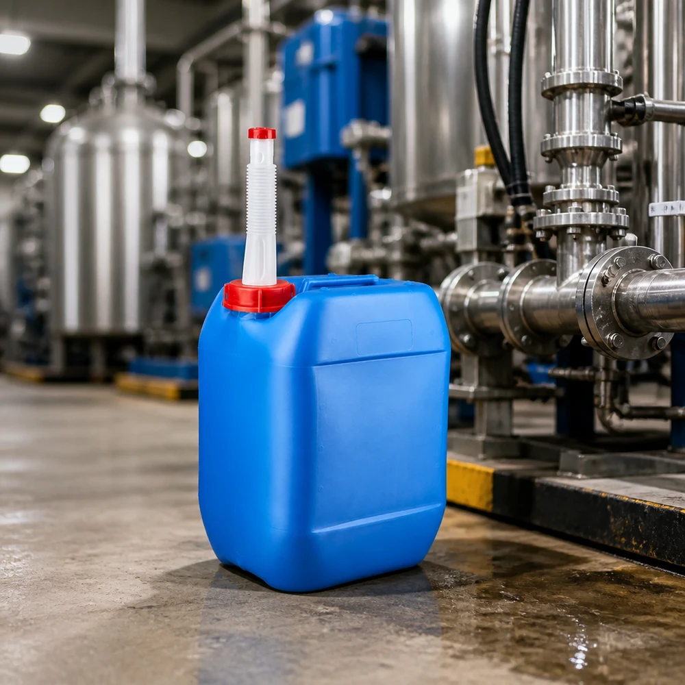 Rechteckiger Kunststoffkanister 10 Liter blau mit flexiblem Auslaufrohr und roter Kappe