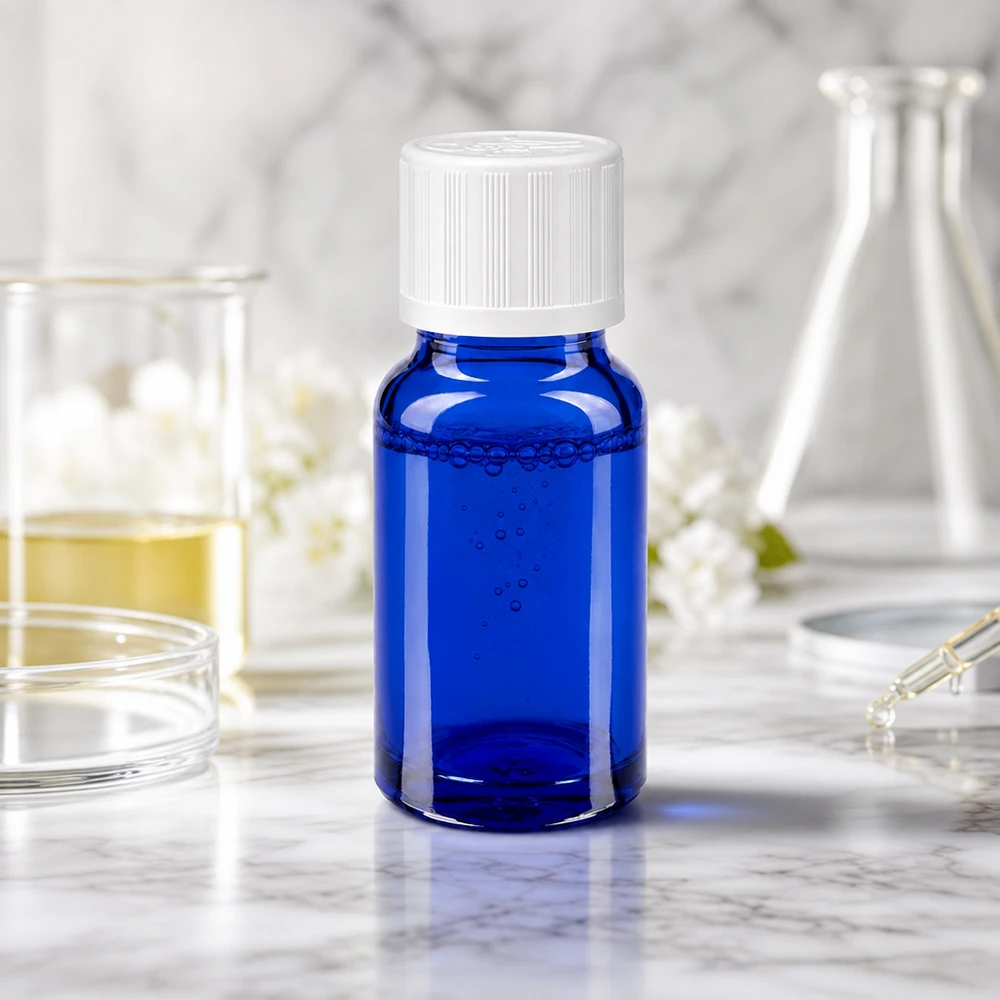 Apothekenflasche blau 10ml Schraubverschluss weiß Kindersicherung Standard Kobaltblaue Glasflasche 10ml mit weißem Sicherheitsverschluss auf Marmoroberfläche