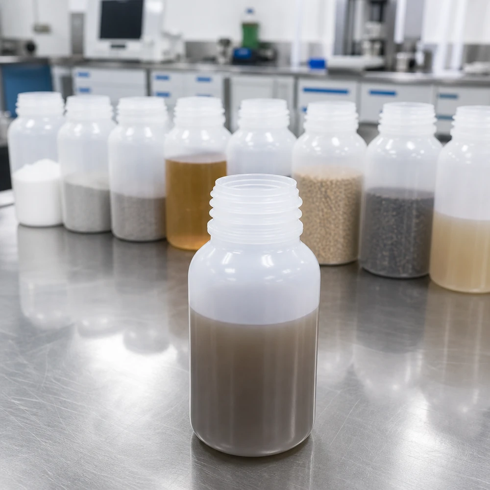 100ml Laborflasche Weithals ohne Verschluss Mehrere 100ml Laborflaschen mit Feststoffen und Flüssigkeiten auf professionellem Labortisch