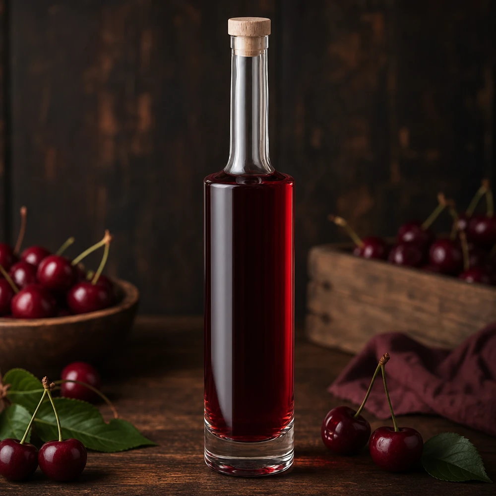 500ml Glasflasche "Rosa" mit Holzgriffkorken UNiTWIST® Glasflasche Rosa 500ml mit rotem Kirschlikör gefüllt in rustikaler Küche mit frischen Kirschen und Holzkorken