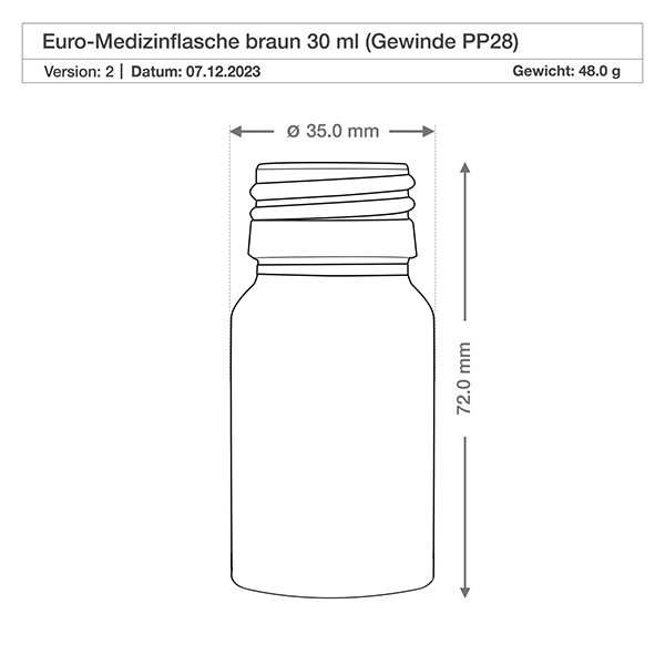 30ml Medizinflasche braun, Pumpzerstäuber schwarz ApoGlas Präzise gefertigte 30ml Medizinflasche braun mit exakten Maßen 72mm Höhe 35mm Durchmesser