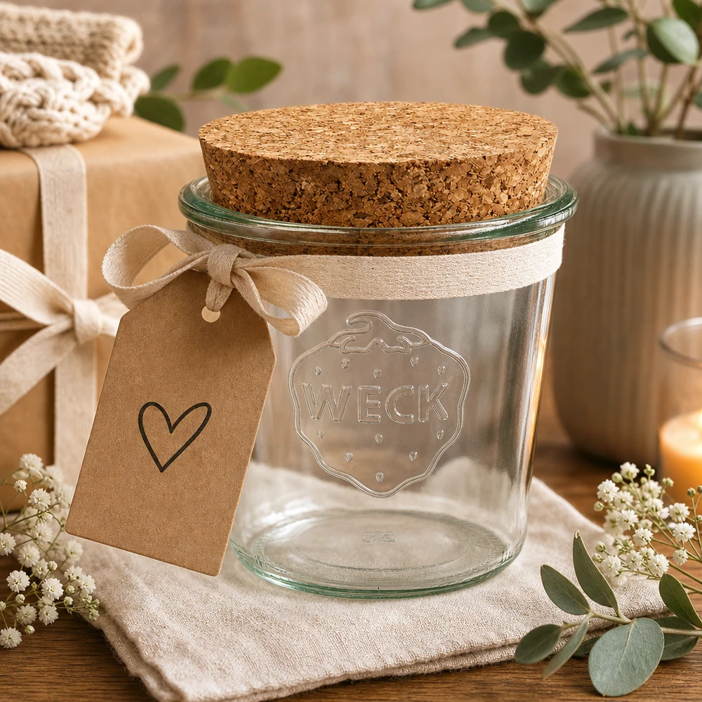 WECK Sturzglas 580ml RR100 als Geschenkidee mit Herzanhänger und Schleife in natürlicher Tischdeko arrangiert
