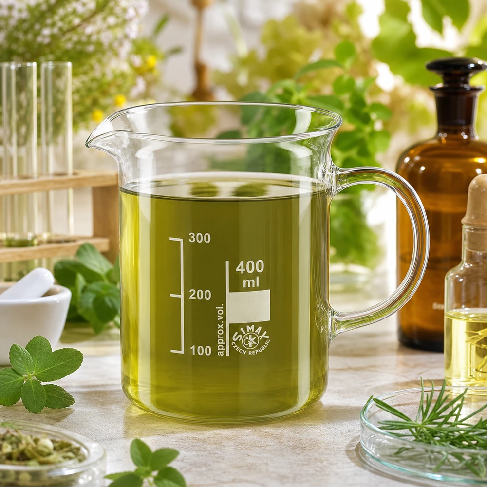 Becherglas 400ml Borosilikatglas, mit Henkel Hitzebeständiges Becherglas 400ml mit Henkel für Kräuteröle und botanische Extrakte geeignet