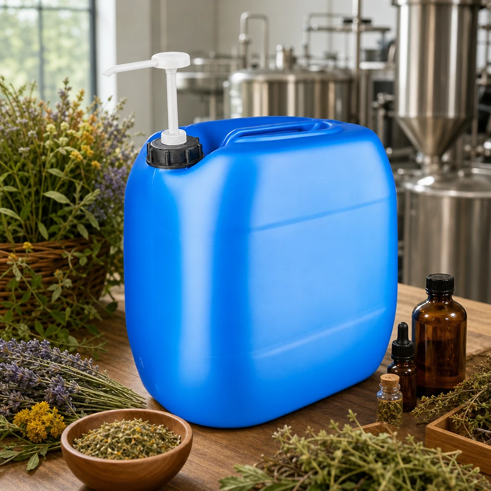 Kanister 30 Liter blau mit Dosierpumpe Großvolumiger Flüssigkeitskanister 30 Liter blau mit Pumpaufsatz für Kräuterextrakte und Hydrolate