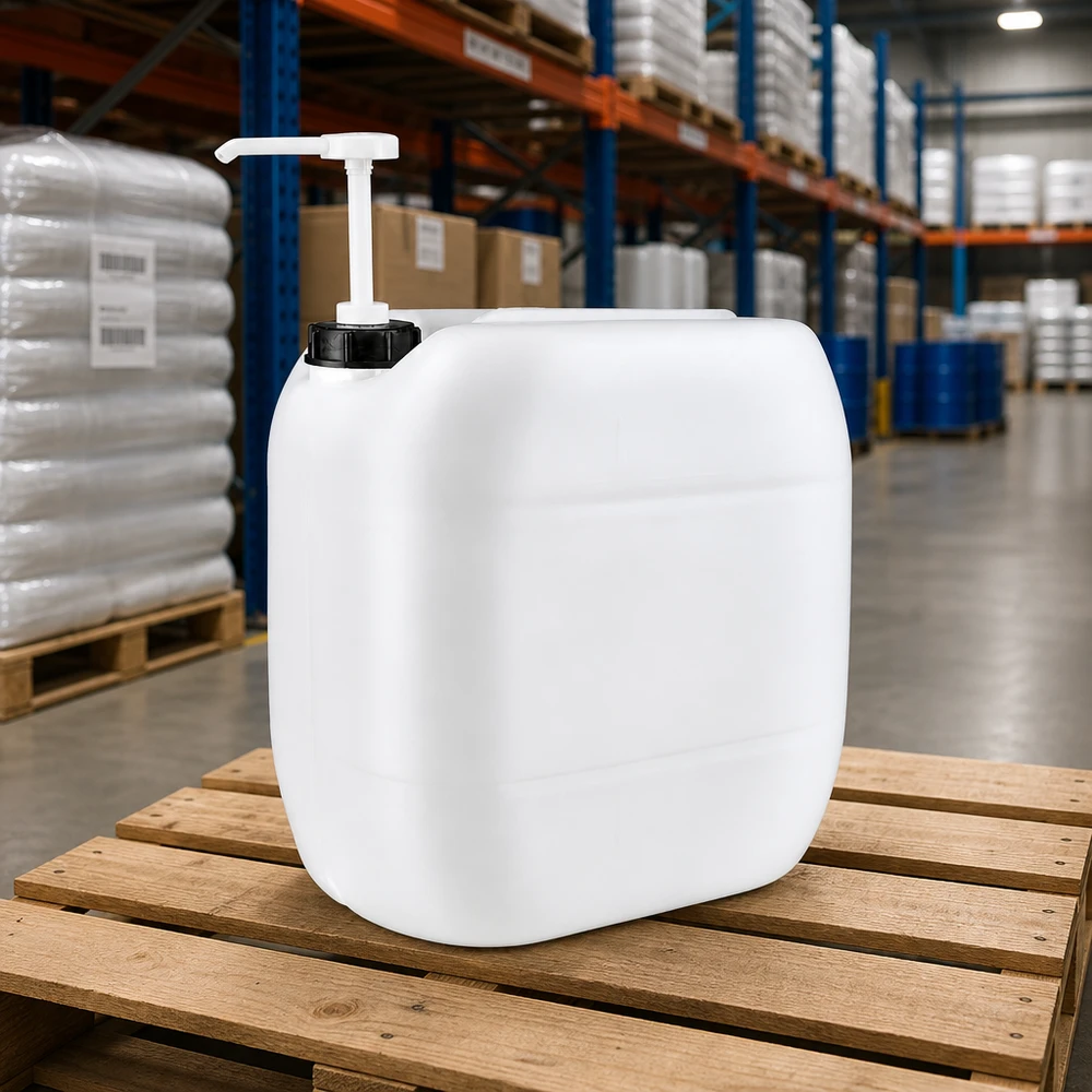 Kanister 30 Liter mit Dosierpumpe 30 Liter Flüssigkeitsbehälter mit Pumpaufsatz in Lagerhaus auf Europalette