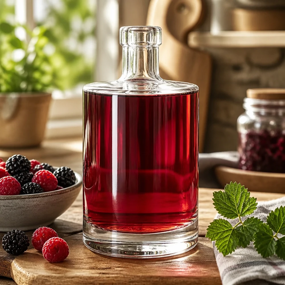 500ml Glasflasche "Galileo" ohne Verschluss UNiTWIST® 500ml Glasflasche Marie mit rotem Beerenlikör gefüllt zeigt vielseitige Verwendung für selbstgemachte Spirituosen
