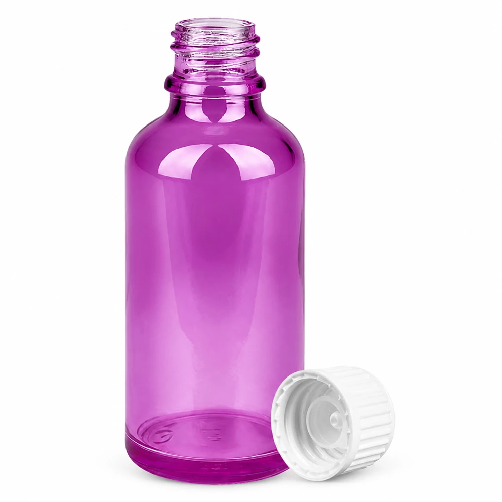 50ml (Globuli)Flasche 3mm Giessring weiß Standard PurpleLine. UT18/50 Runde Violett-Flasche aus Glas 50ml Volumen ideal für Naturkosmetik und Tinkturen