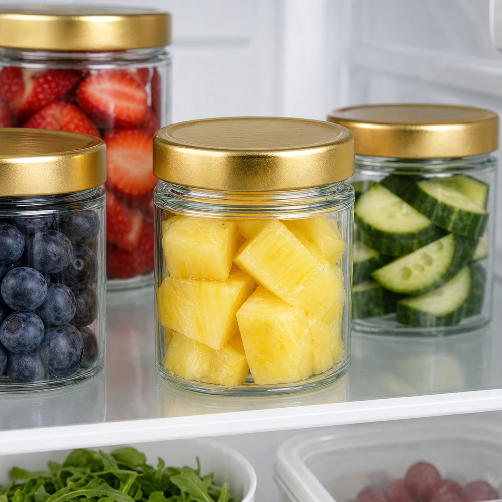 154ml Rundglas mit BasicSeal Deckel gold deep UNiTWIST 154ml Rundglas BasicSeal gold im Kühlschrank mit Obst Gemüse Meal Prep Vorratshaltung frische Lebensmittel