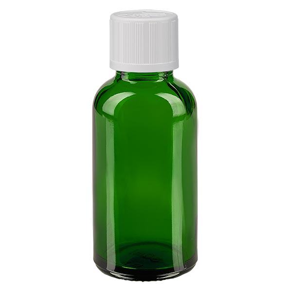 Apothekenflasche grün 30ml Schraubverschluss weiß Kindersicherung Standard Apothekenflasche grün 30ml Schraubverschluss weiß Kindersicherung Standard