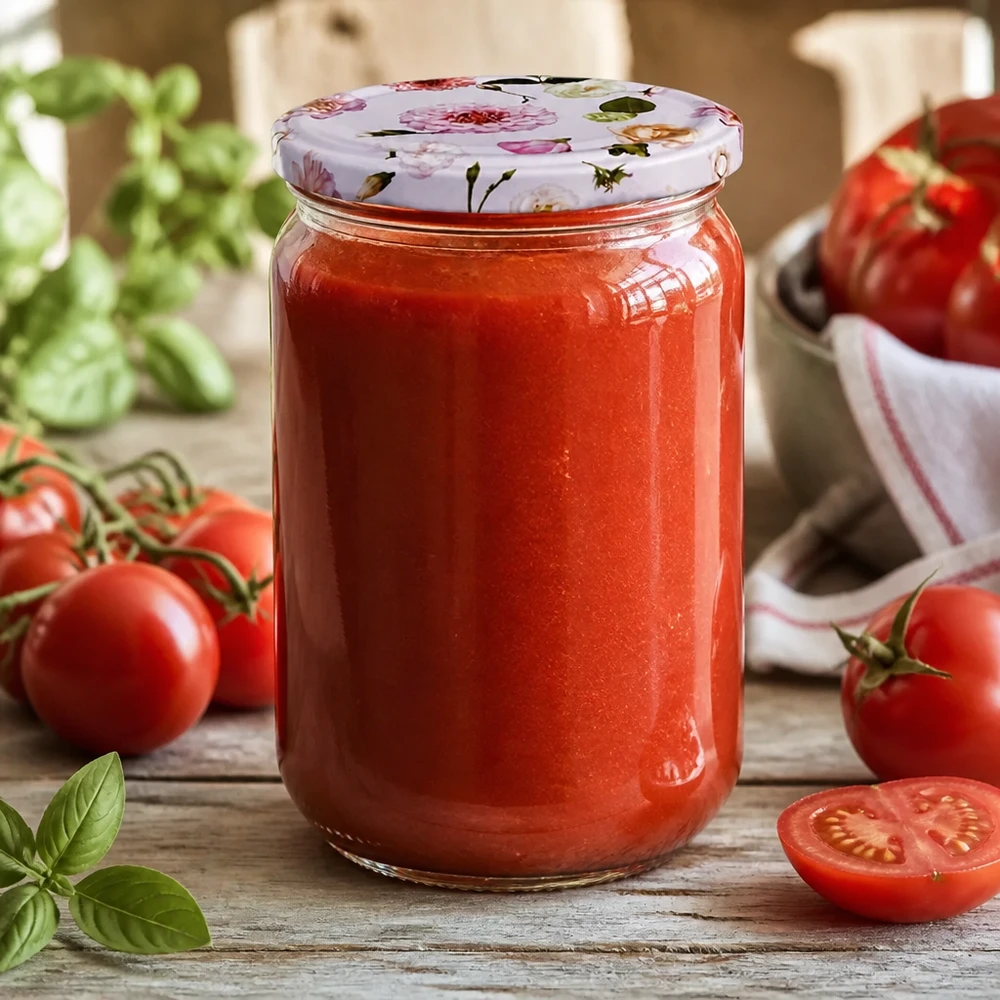 Einmachglas 555ml mit Tomatensoße und rosa Blumendeckel BasicSeal perfekt zum Einkochen
