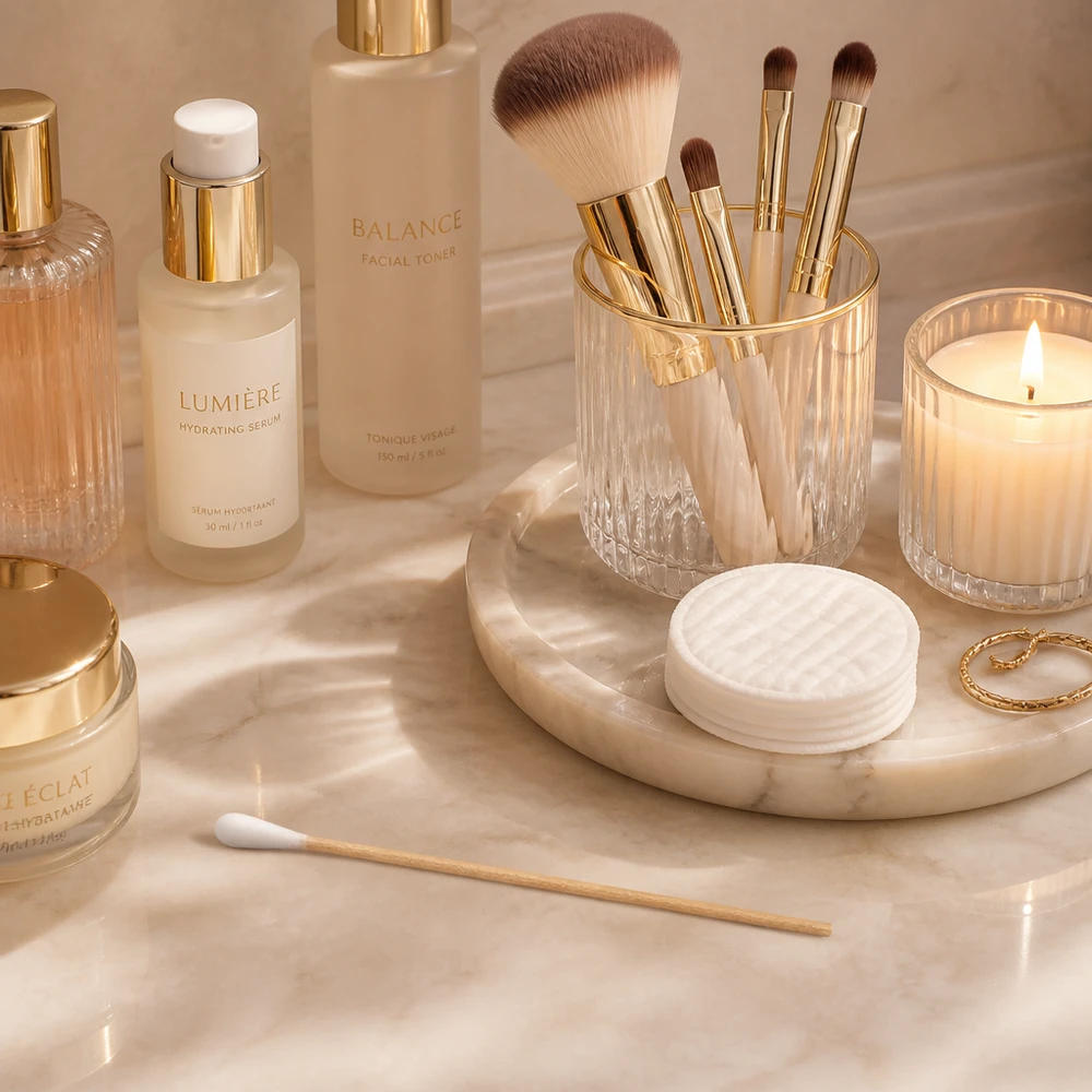 Wattestäbchen UNSTERIL Natürliches Wattestäbchen unsteril auf elegantem Marmortablett in luxuriöser Beauty-Flatlay-Umgebung