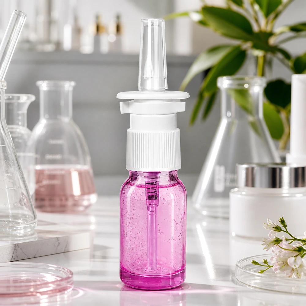 10ml Nasensprayflasche weiß/transparent Standard PurpleLine. UT18/10 10ml Nasenspray-Glasflasche in Purple Light Optik mit UT18/10 Verschluss für Apotheken