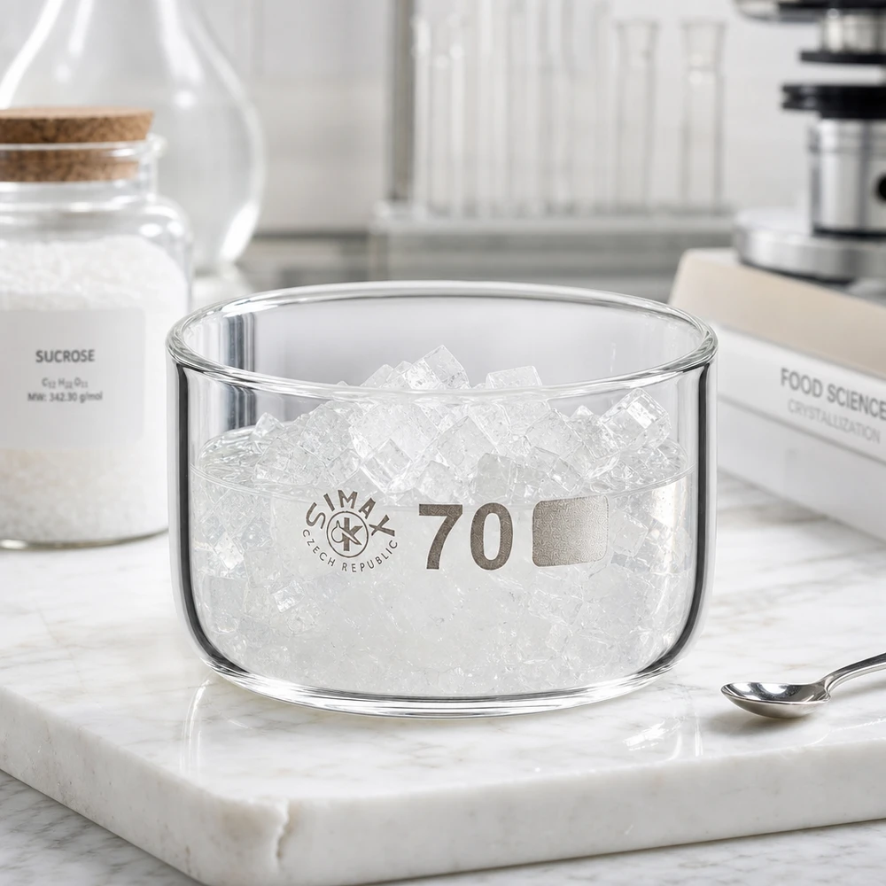 Simax Kristallisierschale 100ml aus Tschechien auf Marmor neben Food Science Crystallization Buch