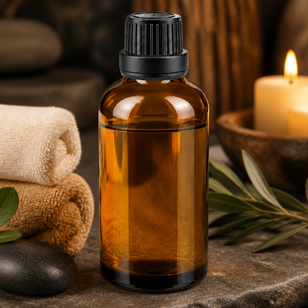50ml Braunglas Flasche mit Schraubverschluss in entspannter Spa-Atmosphäre mit Kerze und Handtüchern