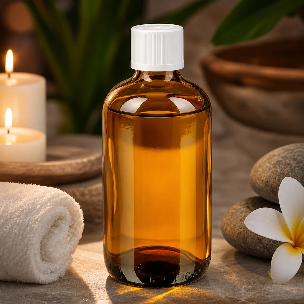100ml Apotheken Braunglasflasche mit Kindersicherheitsverschluss neben Plumeria Blüte und Steinen