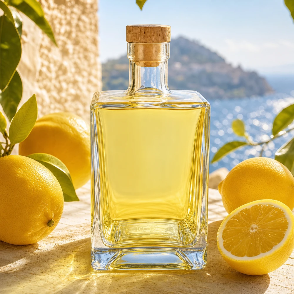 700ml Glasflasche "Gali" mit Holzgriffkorken UNiTWIST® 700ml Glasflasche Ben gefüllt mit gelbem Likör zwischen Zitronen in mediterraner Kulisse mit Korkverschluss