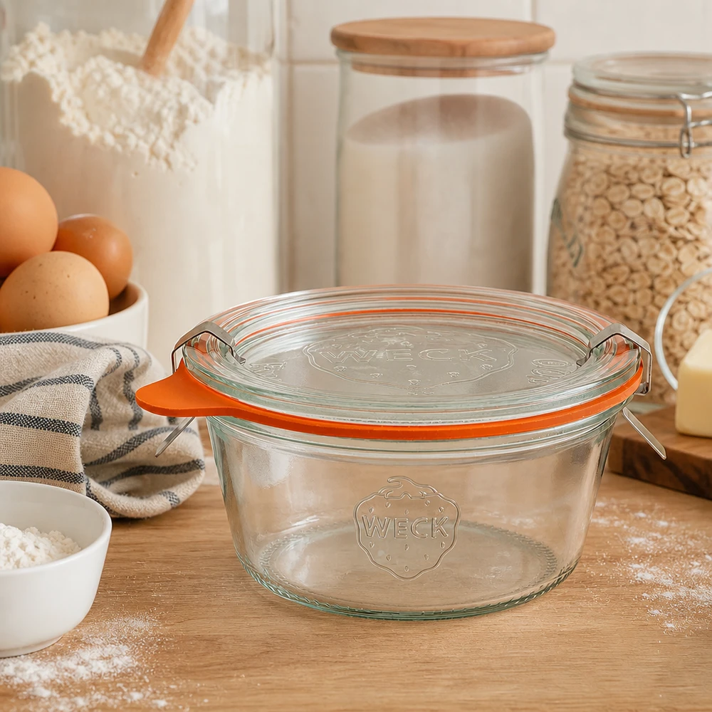 WECK Sturzglas 290ml RR100 in moderner Küchenumgebung mit Backzutaten zeigt praktische Aufbewahrung und Design