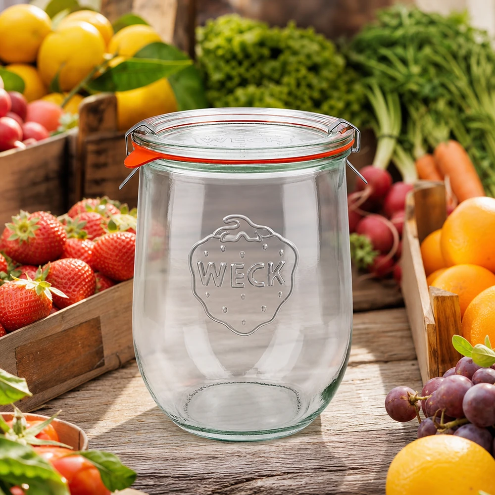 1062ml Tulpenglas komplett WECK RR100 WECK Tulpenglas 1062ml RR100 mit Bügelverschluss inmitten frischer Früchte und Gemüse auf Holztisch Marktstand