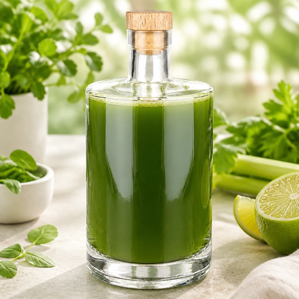 700ml Glasflasche "Galileo" mit Holzgriffkorken UNiTWIST® 700ml Glasflasche Marie mit grünem Saft befüllt neben frischen Kräutern und Limetten in heller Küche
