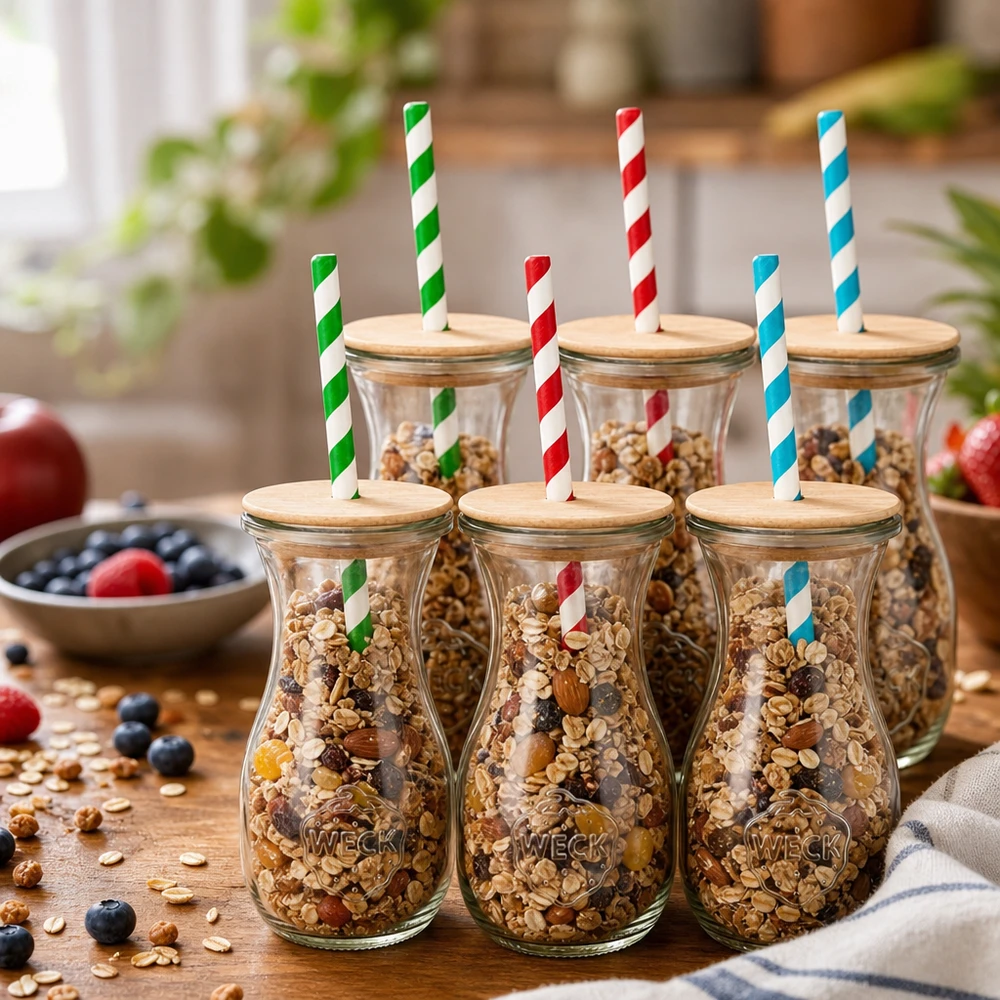 6 x WECK 290ml Saftflasche RR60 mit Holzdeckel und 100 Öko S WECK Saftflaschen 290ml gefüllt mit Müsli Nüssen als Vorratsgläser Holzdeckel bunte Papierstrohhalme Küchendeko