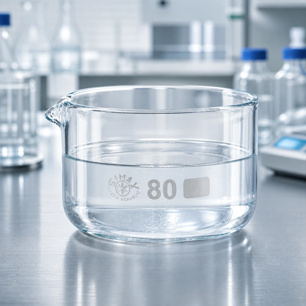 150ml Kristallisierschale mit Ausguss Borosilikat ø80mm Klare Kristallisierschale 150ml mit klarem Wasser gefüllt und kurzem Ausguss ø80mm SIMAX