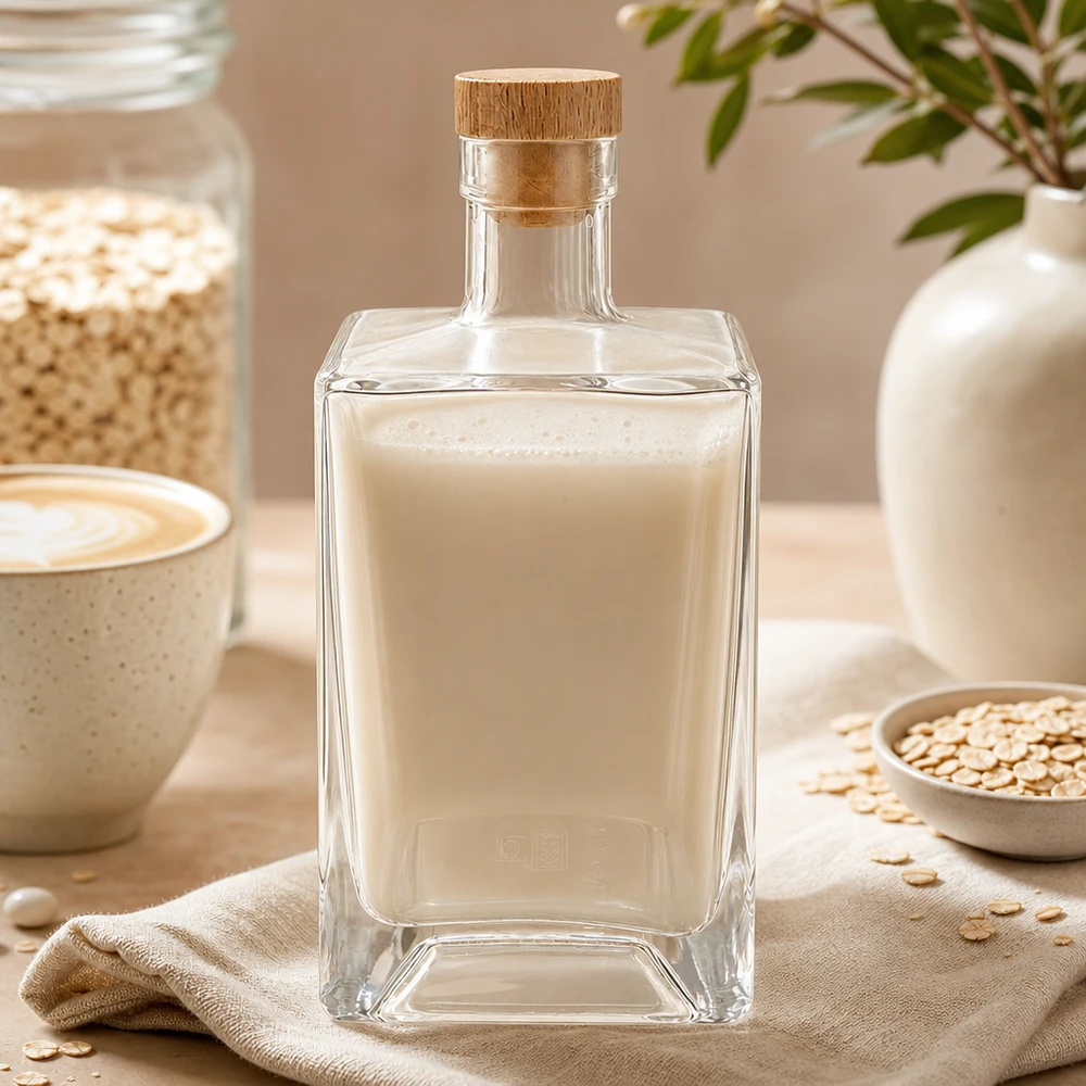700ml Glasflasche "Gali" mit Holzgriffkorken UNiTWIST® 700ml Glasflasche Ben mit Hafermilch gefüllt neben Haferflocken und Kaffeetasse natürliche Küchenszenerie UNiTWIST
